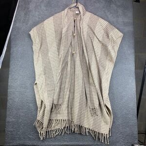 Wool Poncho Cape Made‎ In Mexico Artisanias Mickey Fringe Brown Beige Blanket